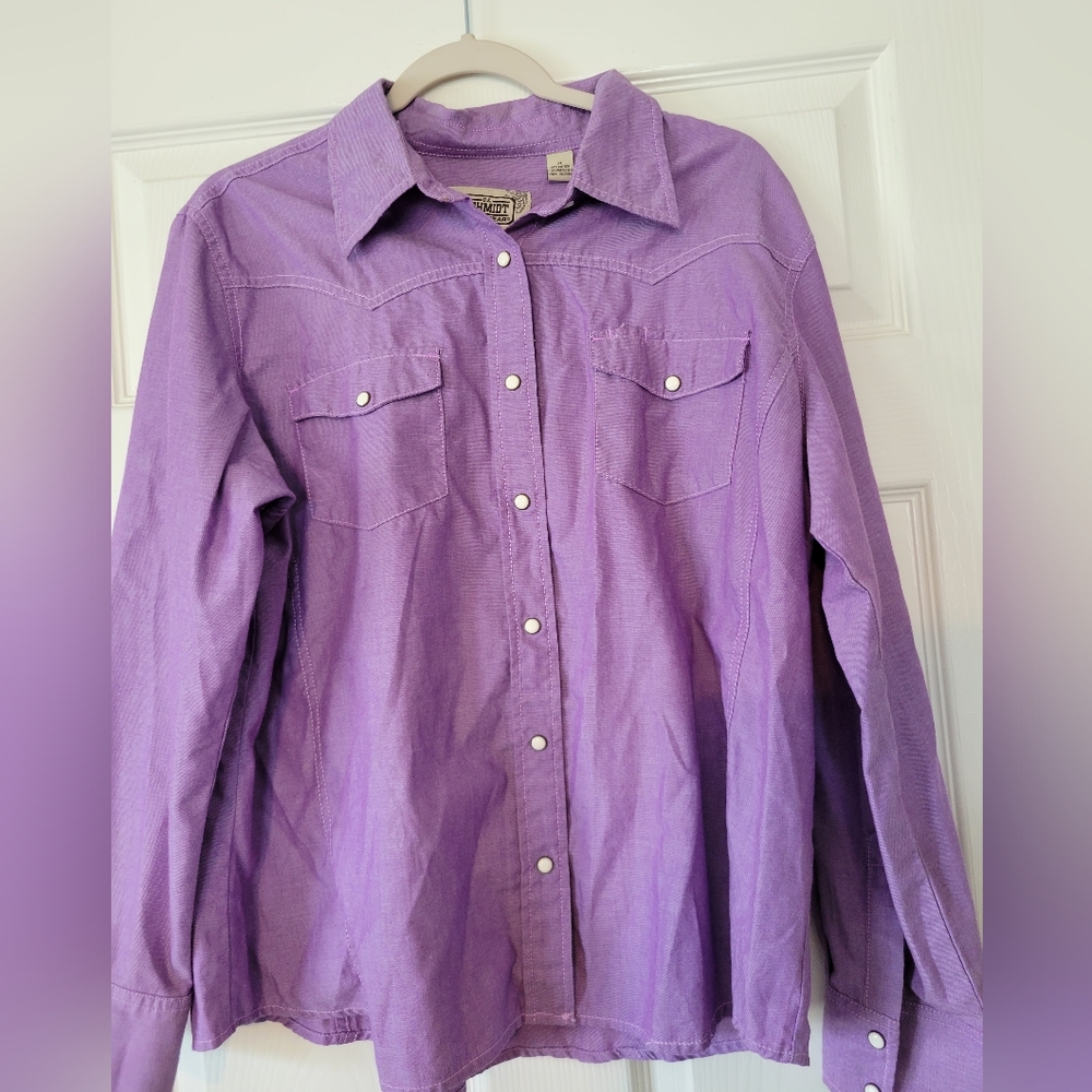 SCHMIDT Womens Purple Pearl Snap Down Work Shirt Chest Pocket Long Sleeve